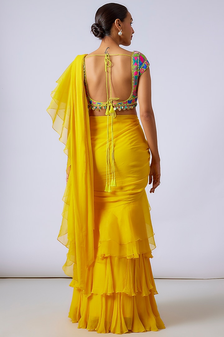Yellow Georgette Skirt Wedding Saree Set by Dinesh Malkani at Pernia's Pop Up Shop
