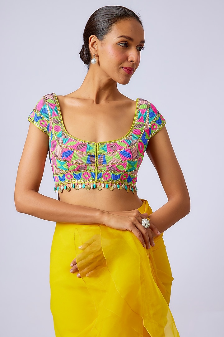 Yellow Georgette Skirt Wedding Saree Set by Dinesh Malkani at Pernia's Pop Up Shop