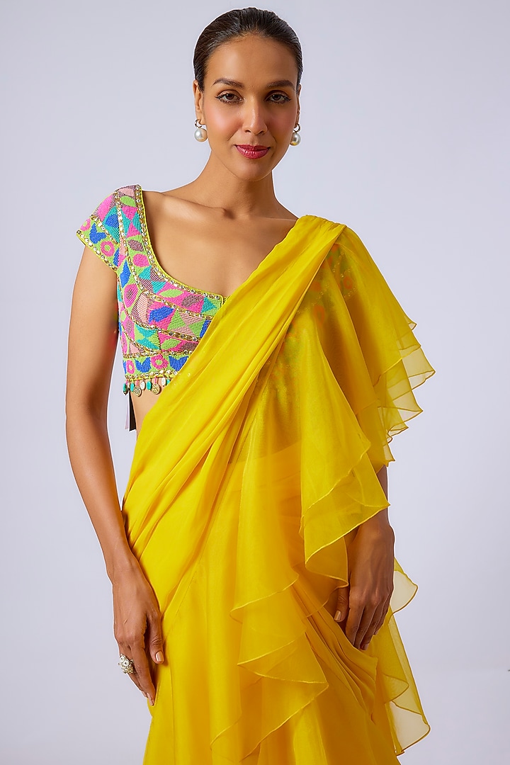 Yellow Georgette Skirt Wedding Saree Set by Dinesh Malkani at Pernia's Pop Up Shop