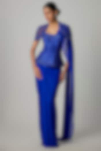 Electric Blue Stretchable Net Skirt Wedding Saree Set by Dinesh Malkani at Pernia's Pop Up Shop