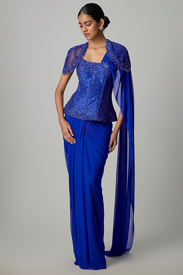 Electric Blue Stretchable Net Skirt Wedding Saree Set by Dinesh Malkani at Pernia's Pop Up Shop