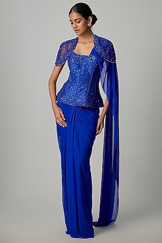 Electric Blue Stretchable Net Skirt Saree Set by Dinesh Malkani