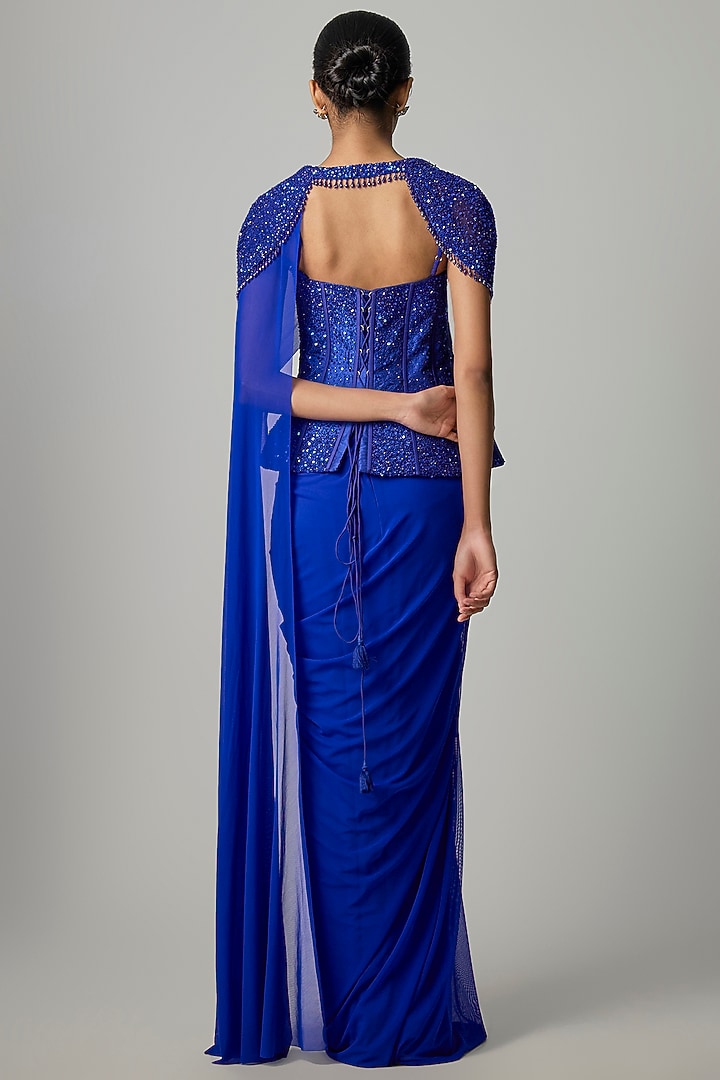 Electric Blue Stretchable Net Skirt Wedding Saree Set by Dinesh Malkani at Pernia's Pop Up Shop