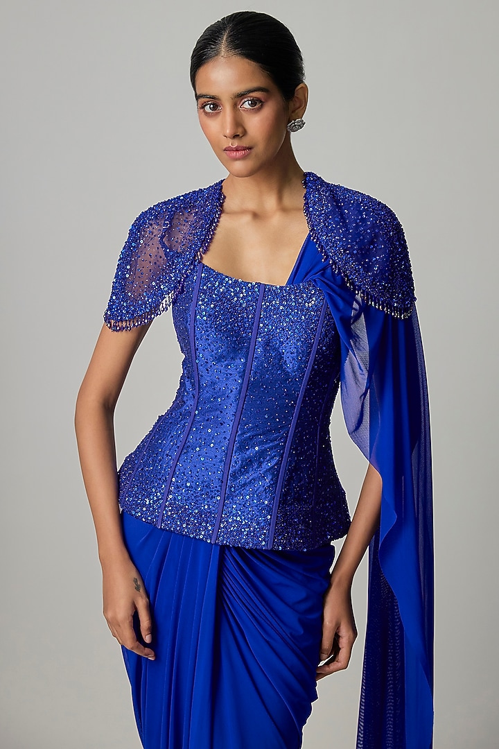 Electric Blue Stretchable Net Skirt Wedding Saree Set by Dinesh Malkani at Pernia's Pop Up Shop