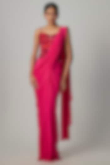 Pinkish Red Net Draped Wedding Saree Set by Dinesh Malkani at Pernia's Pop Up Shop