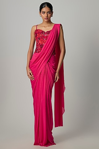 Pinkish Red Net Draped Saree Set by Dinesh Malkani