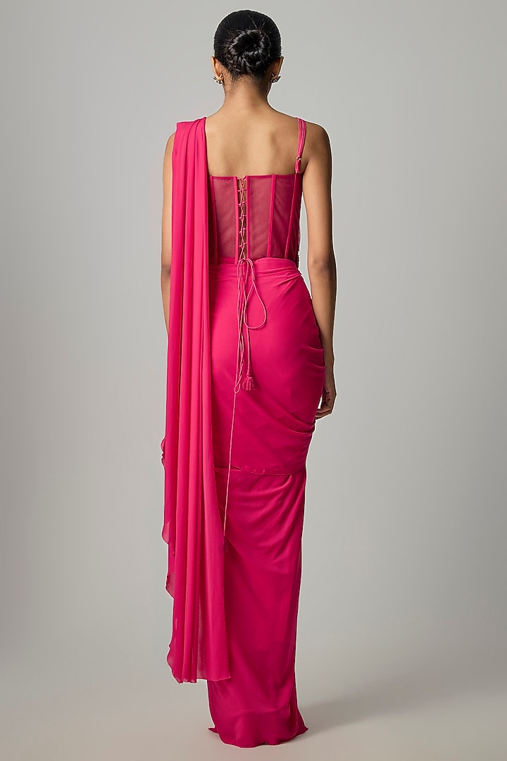 Pinkish Red Net Draped Wedding Saree Set by Dinesh Malkani at Pernia's Pop Up Shop