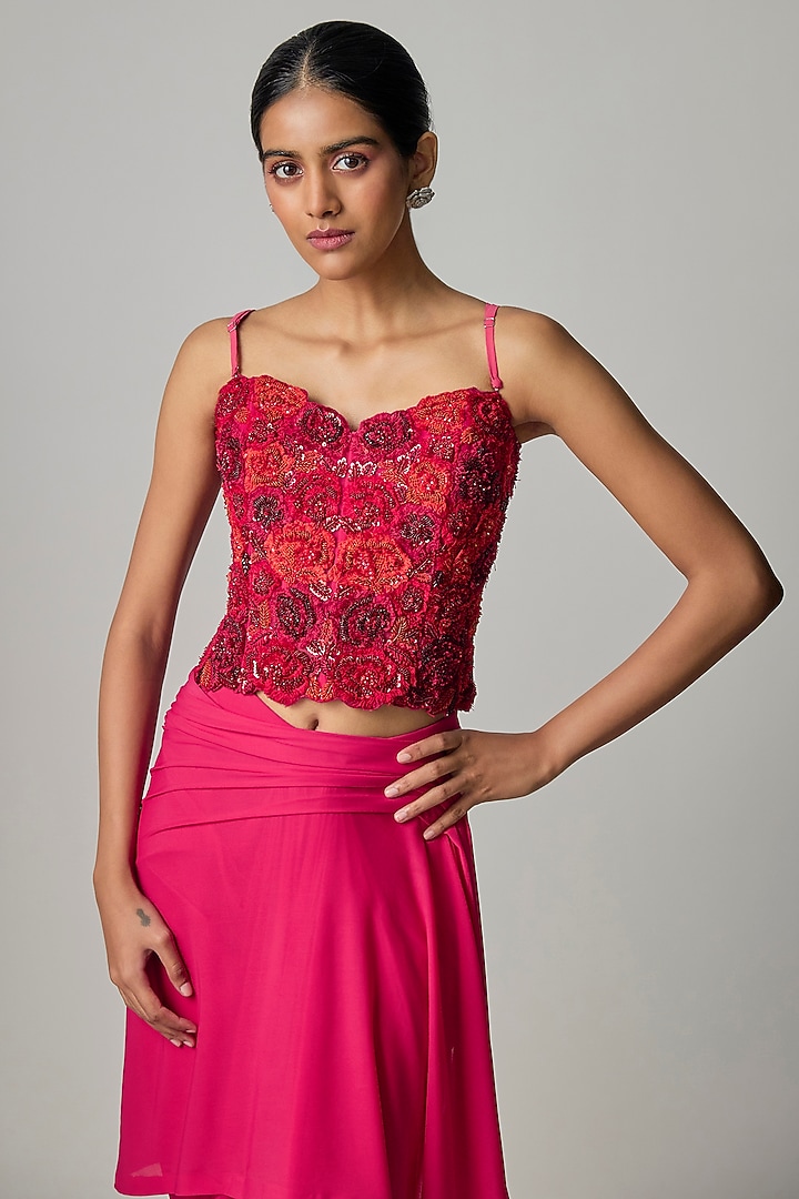 Pinkish Red Net Draped Wedding Saree Set by Dinesh Malkani at Pernia's Pop Up Shop