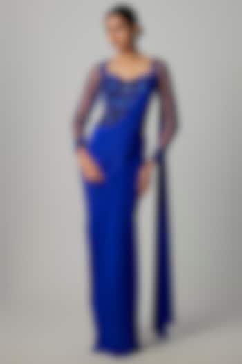 Electric Blue Stretchable Net Draped Wedding Gown Saree by Dinesh Malkani at Pernia's Pop Up Shop
