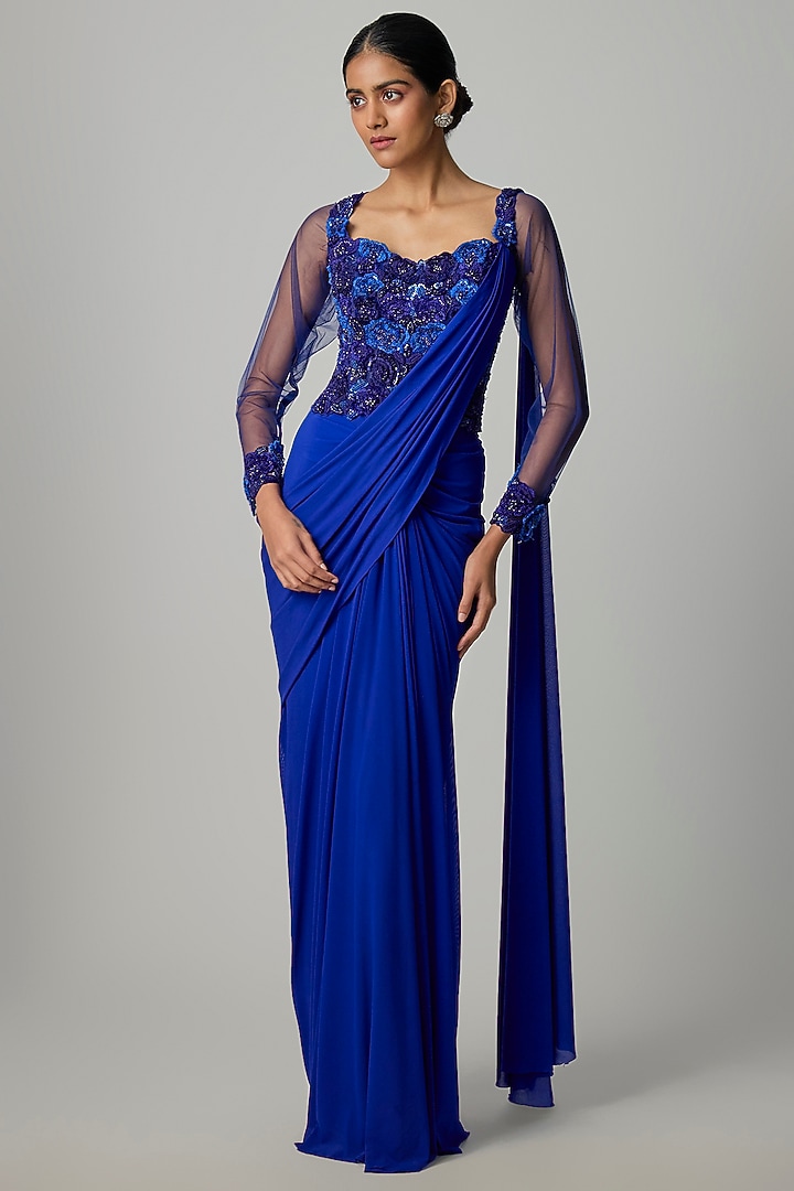 Electric Blue Stretchable Net Draped Wedding Gown Saree by Dinesh Malkani at Pernia's Pop Up Shop