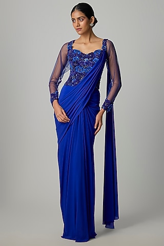 Electric Blue Stretchable Net Draped Gown Saree by Dinesh Malkani