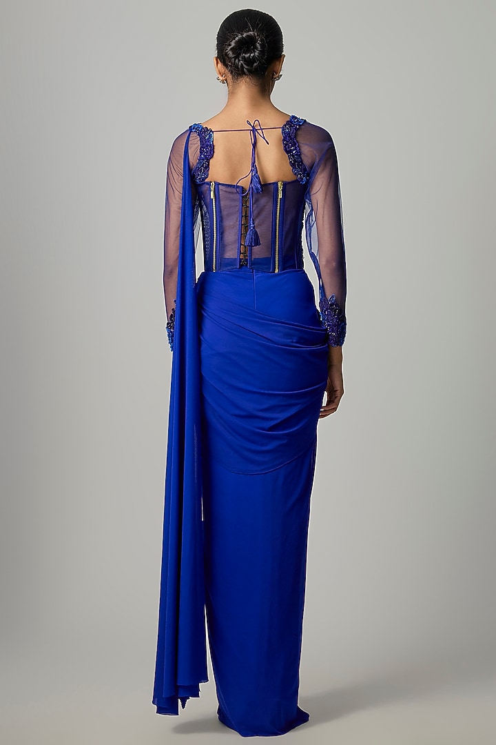 Electric Blue Stretchable Net Draped Wedding Gown Saree by Dinesh Malkani at Pernia's Pop Up Shop