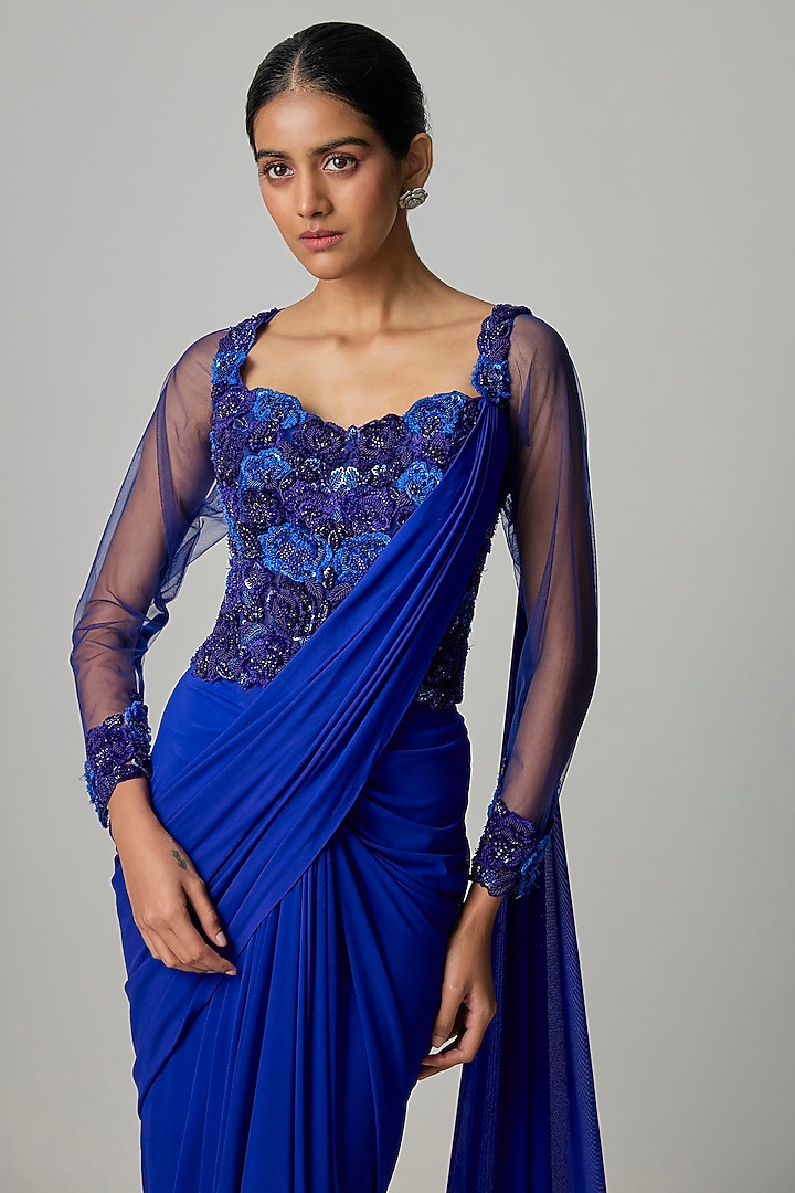 Electric Blue Stretchable Net Draped Wedding Gown Saree by Dinesh Malkani at Pernia's Pop Up Shop