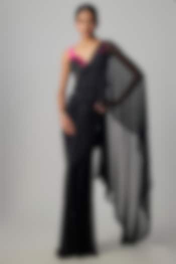 Black Stretchable Net Draped Skirt Wedding Saree Set by Dinesh Malkani at Pernia's Pop Up Shop