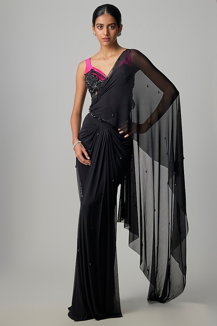 Black Stretchable Net Draped Skirt Wedding Saree Set by Dinesh Malkani at Pernia's Pop Up Shop
