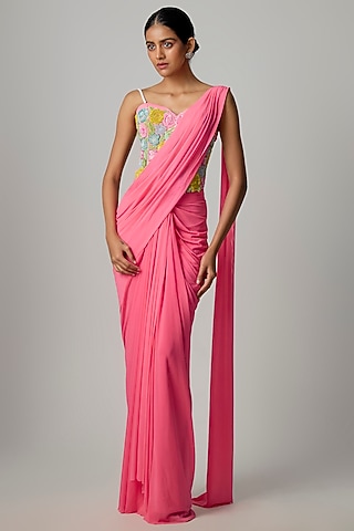 Pink Stretchable Net Draped Skirt Saree Set by Dinesh Malkani
