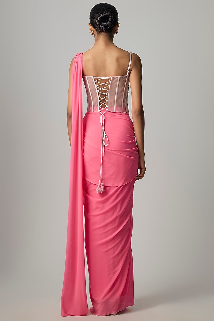 Pink Stretchable Net Draped Skirt Wedding Saree Set by Dinesh Malkani at Pernia's Pop Up Shop