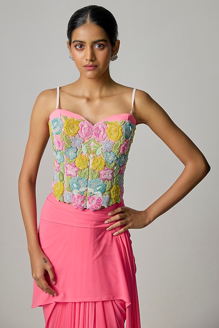 Pink Stretchable Net Draped Skirt Wedding Saree Set by Dinesh Malkani at Pernia's Pop Up Shop