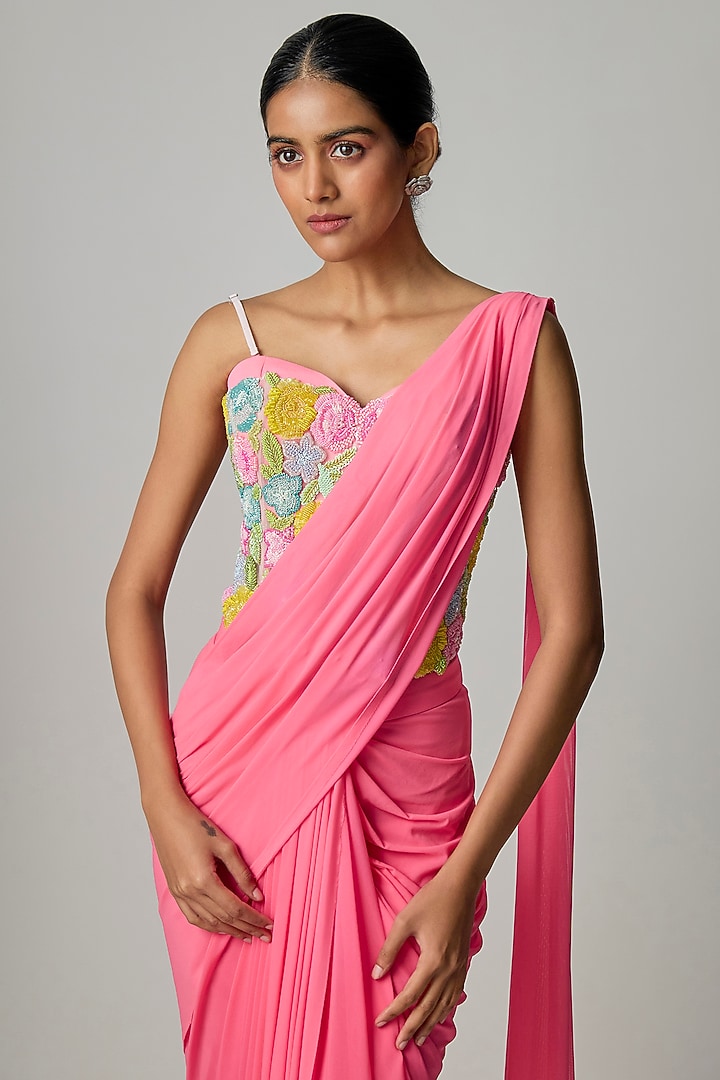 Pink Stretchable Net Draped Skirt Wedding Saree Set by Dinesh Malkani at Pernia's Pop Up Shop