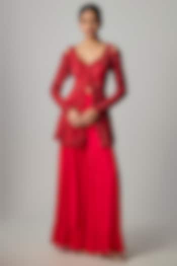Deep Red Georgette Wedding Sharara Set by Dinesh Malkani at Pernia's Pop Up Shop