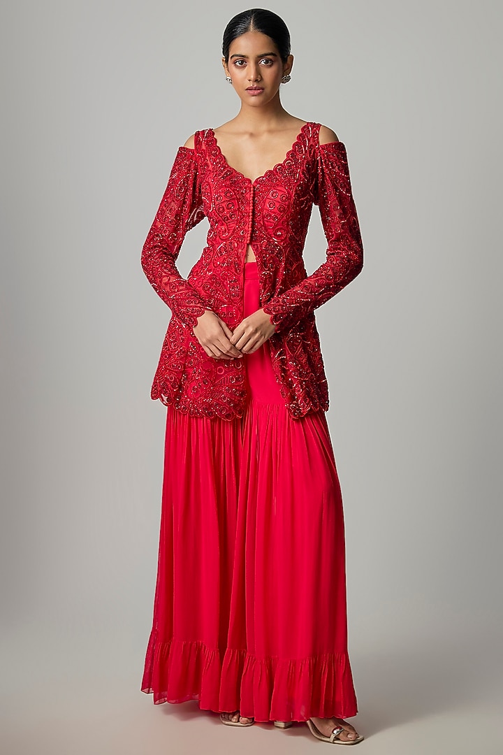 Deep Red Georgette Wedding Sharara Set by Dinesh Malkani at Pernia's Pop Up Shop