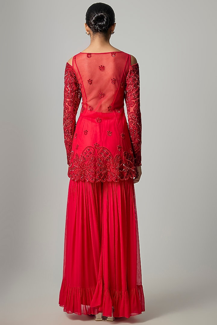 Deep Red Georgette Wedding Sharara Set by Dinesh Malkani at Pernia's Pop Up Shop