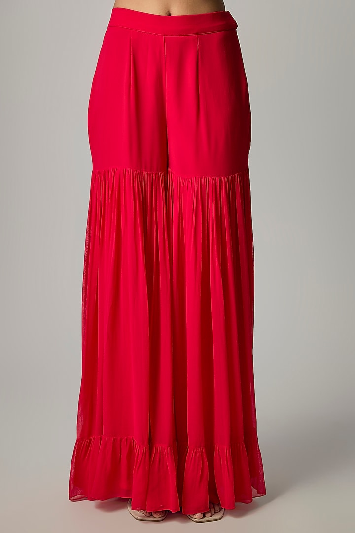 Deep Red Georgette Wedding Sharara Set by Dinesh Malkani at Pernia's Pop Up Shop