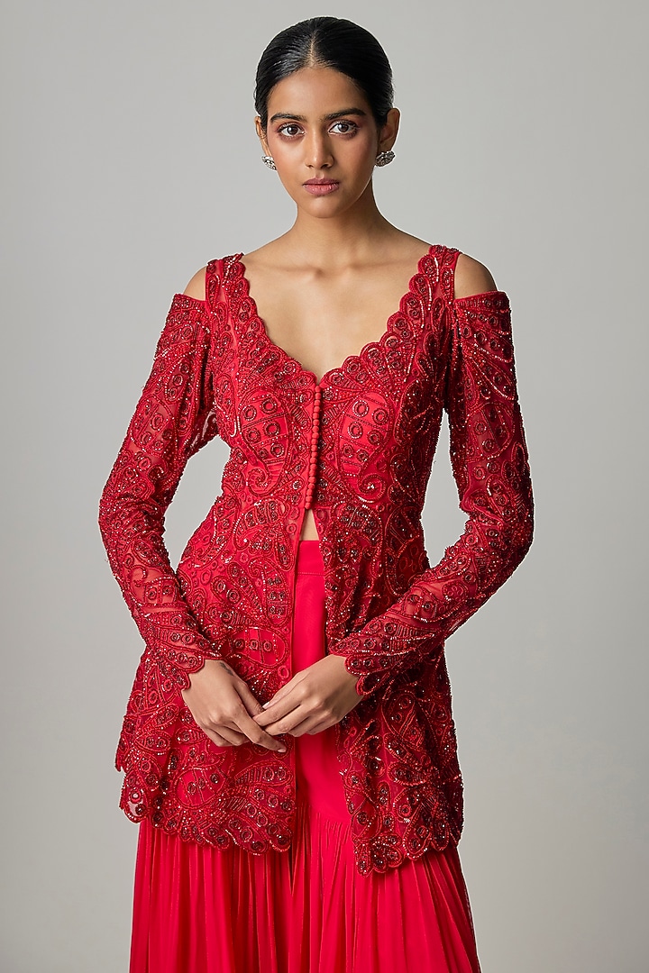 Deep Red Georgette Wedding Sharara Set by Dinesh Malkani at Pernia's Pop Up Shop