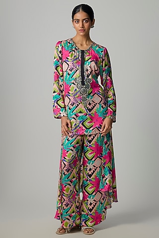 Multi-Colored Satin Printed Kurta Set by Dinesh Malkani