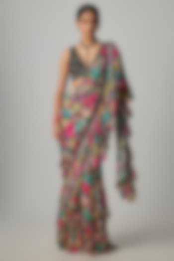 Multi-Colored Crepe Satin Printed Ruffled Wedding Saree Set by Dinesh Malkani at Pernia's Pop Up Shop