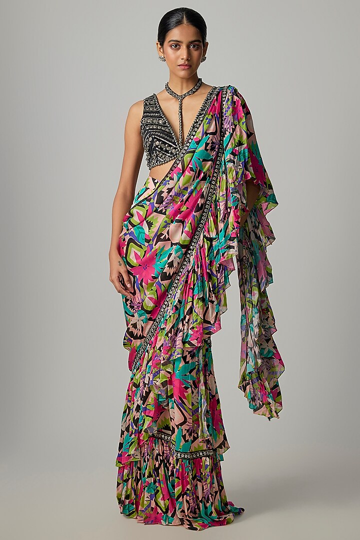 Multi-Colored Crepe Satin Printed Ruffled Wedding Saree Set by Dinesh Malkani at Pernia's Pop Up Shop