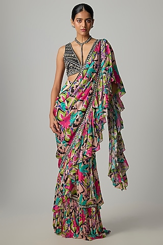 Multi-Colored Crepe Satin Printed Ruffled Saree Set by Dinesh Malkani