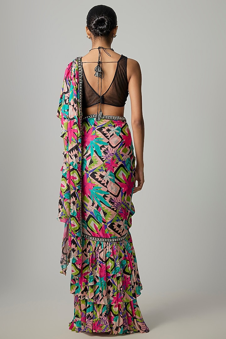 Multi-Colored Crepe Satin Printed Ruffled Wedding Saree Set by Dinesh Malkani at Pernia's Pop Up Shop