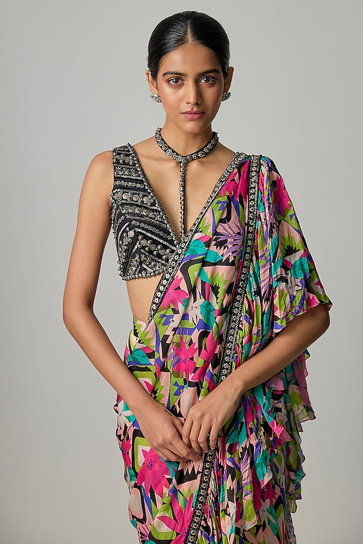 Multi-Colored Crepe Satin Printed Ruffled Wedding Saree Set by Dinesh Malkani at Pernia's Pop Up Shop
