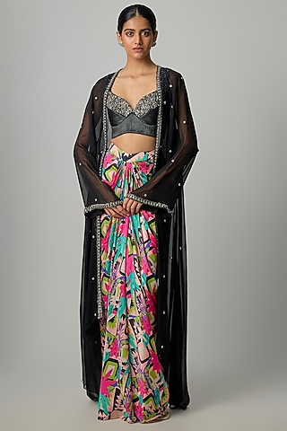 Multi-Colored Satin Printed Skirt Set by Dinesh Malkani