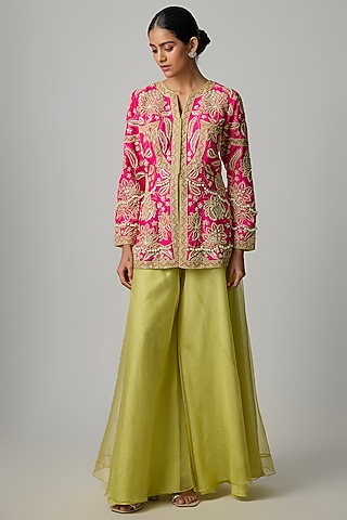 Lime Green Organza Sharara Set by Dinesh Malkani