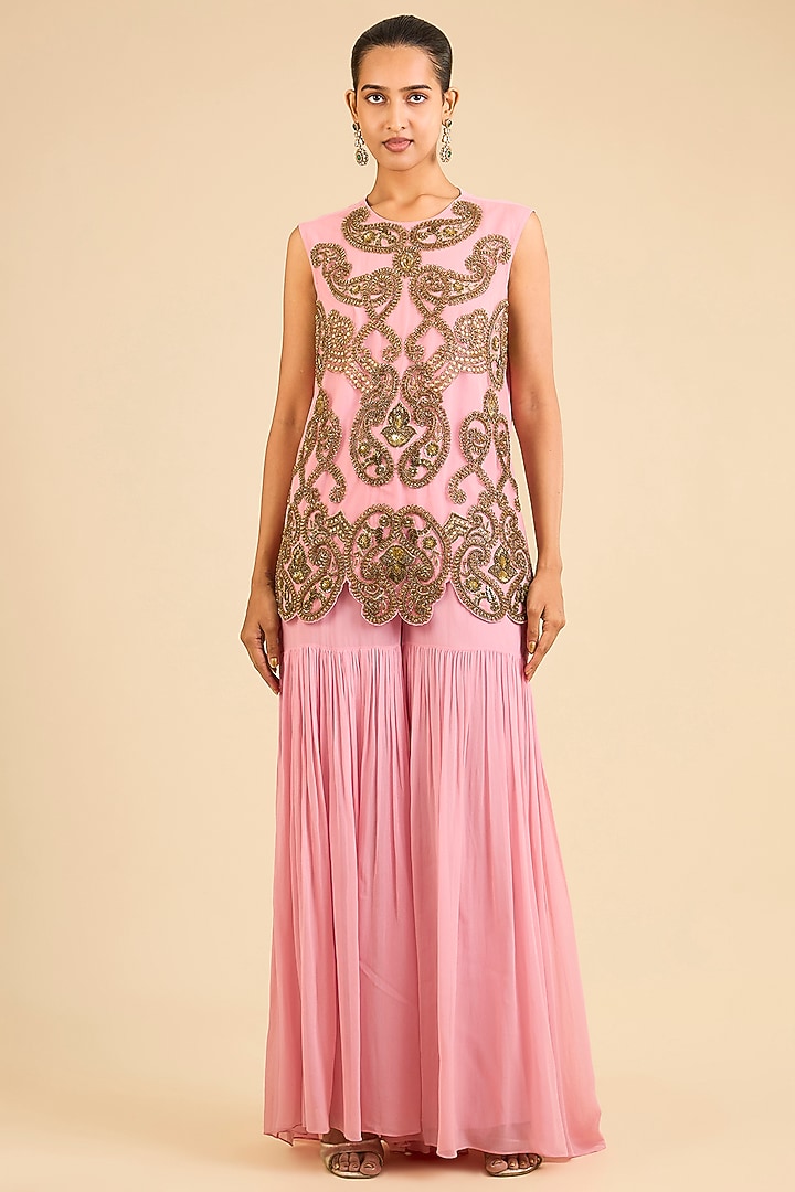 Pink Georgette Gharara Set by Dinesh Malkani at Pernia's Pop Up Shop