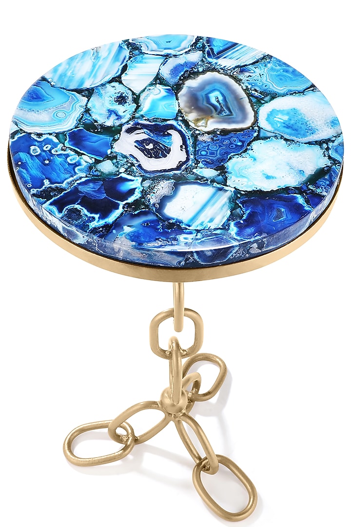 Gold Round Table With Blue Agate Stone by Metl & Wood