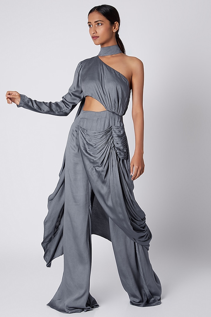 Grey One Shoulder Draped Jumpsuit by Deme by Gabriella at Pernia's Pop Up Shop