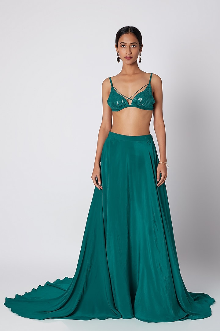 Teal Blue Embroidered Bralet With Skirt by Deme by Gabriella