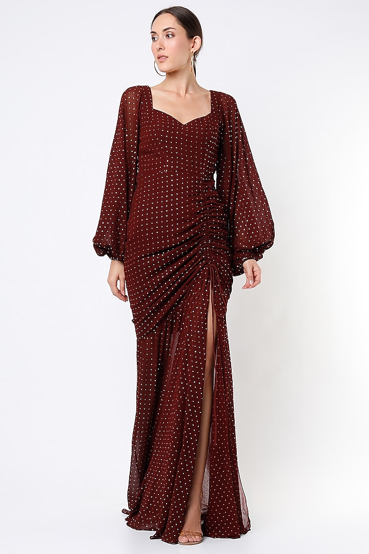Maroon Dotted Crepe Gown by Deme by Gabriella