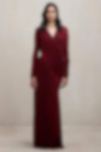 Burgundy Malai Net Pleated V-Neck Engagement Gown by Deme by Gabriella at Pernia's Pop Up Shop