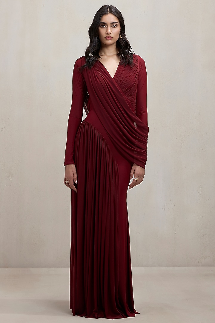 Burgundy Malai Net Pleated V-Neck Engagement Gown by Deme by Gabriella at Pernia's Pop Up Shop