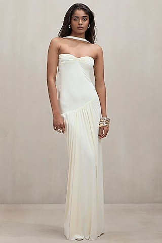 Ivory Malai Pleated Strapless Gown by Deme by Gabriella