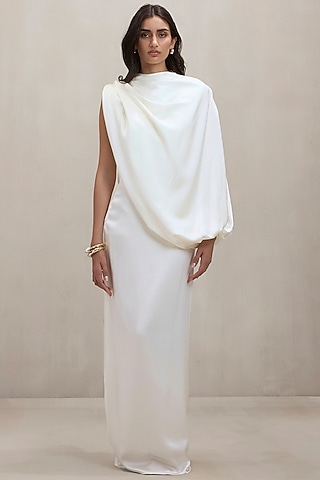 Off-White Satin Draped Gown by Deme by Gabriella