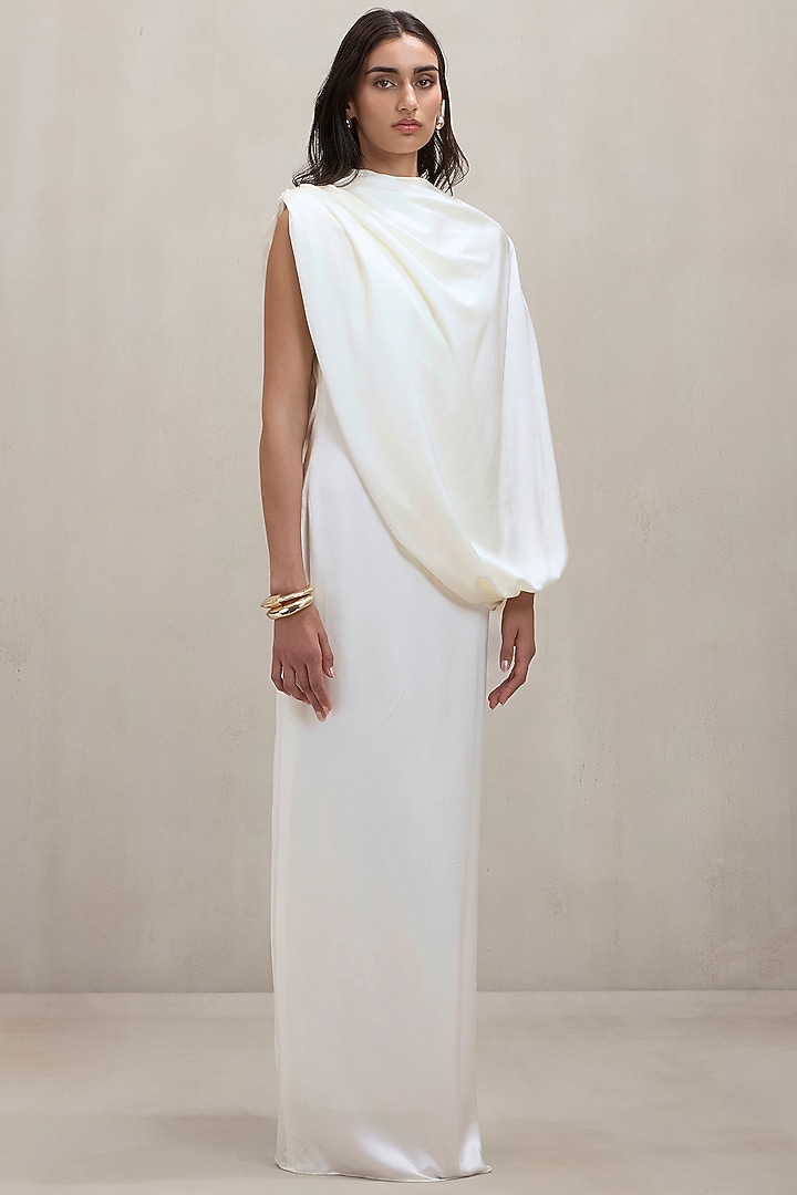 Off-White Satin Draped Wedding Gown by Deme by Gabriella at Pernia's Pop Up Shop