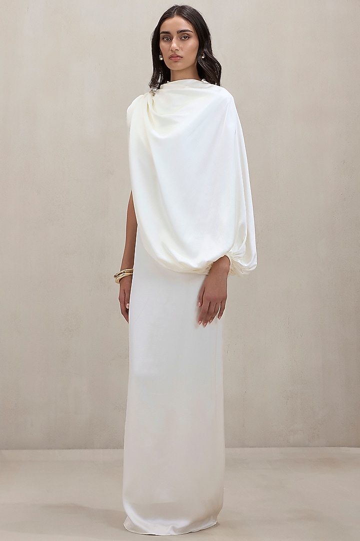 Off-White Satin Draped Wedding Gown by Deme by Gabriella at Pernia's Pop Up Shop