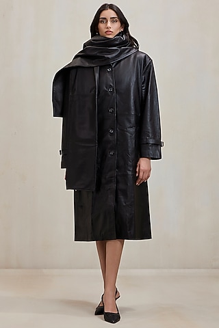 Black Leather Muffler Trench Coat by Deme by Gabriella