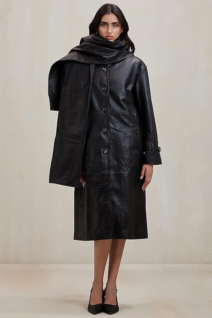 Black Leather Muffler Trench Coat by Deme by Gabriella at Pernia's Pop Up Shop