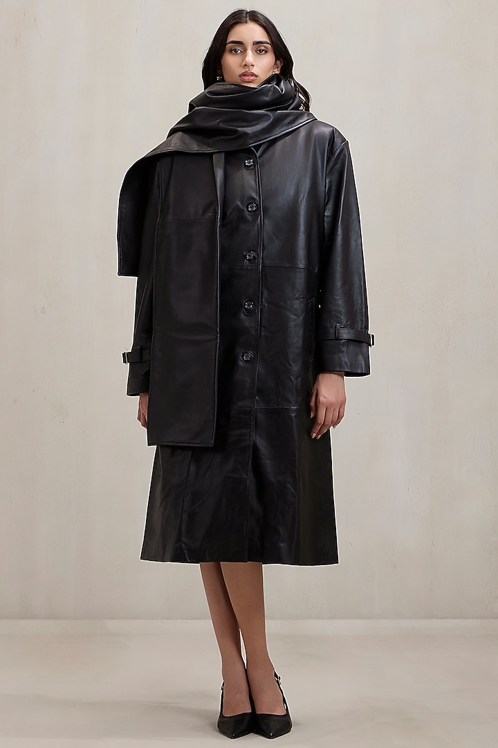 Black Leather Muffler Trench Coat by Deme by Gabriella at Pernia's Pop Up Shop